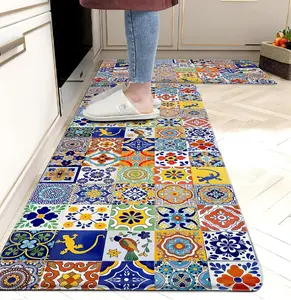Kitchen Rugs Set 2 Pieces Anti Fatigue, Flannel Non Slip Kitchen Floor Mats, Colorful Mexican Talavera Tile Runner Rug, 15.7x23.6 +17.7x47.2 Inch Non Skid Mat for Kitchen Laundry Sink