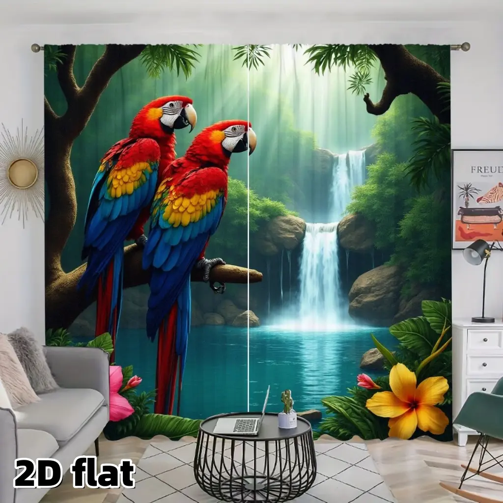 2D 2Pcs Tropical Parrot Curtains, Curtain For Windows, Waterfall Scenery Window Drapes Macaw Birds Jungle Theme Hibiscus Flower Pattern Polyester Fabric Pole Pocket Design Living Room Bedroom Home Decor Light Filtering Easy Care Curtains