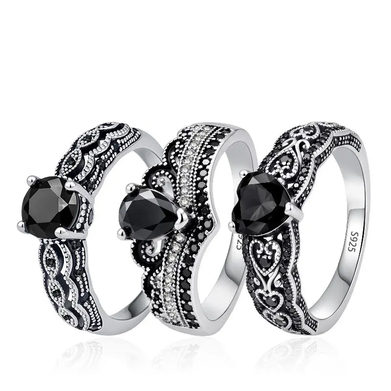 Vintage Gothic Black Onyx CZ Ring, Antique Silver Tone Engraved Band Ring, Dark Retro Black Gemstone Statement Finger Jewelry, Edgy Alternative Ring for Women Men