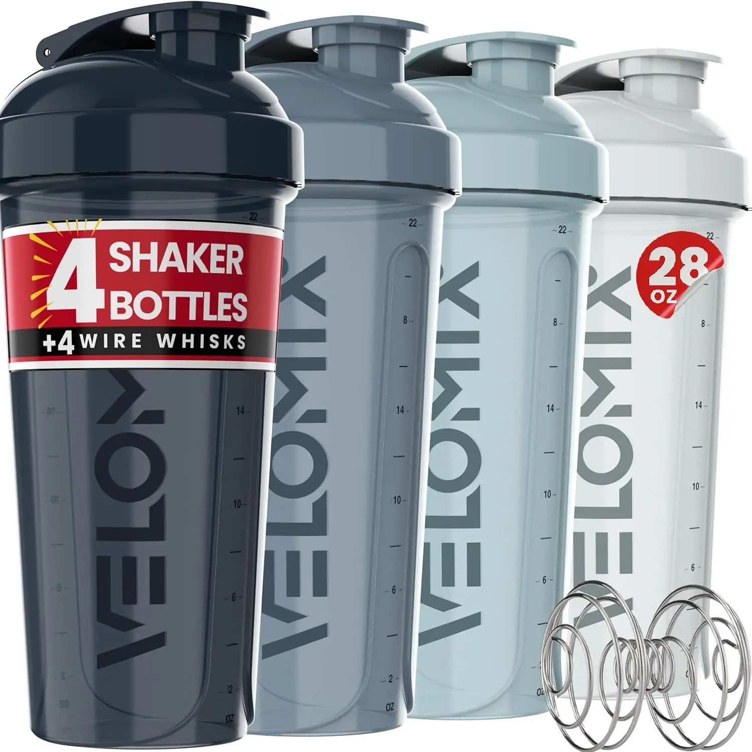 VELOMIX 4 Pack 28Oz Shaker Cups for Protein Shakes, Aqua Depths | 4X Wire Whisk, Leak Proof Protein Shaker Bottle for Protein Mixes, Stackable, Dishwasher Safe, Gym Ready, Measurement Marks