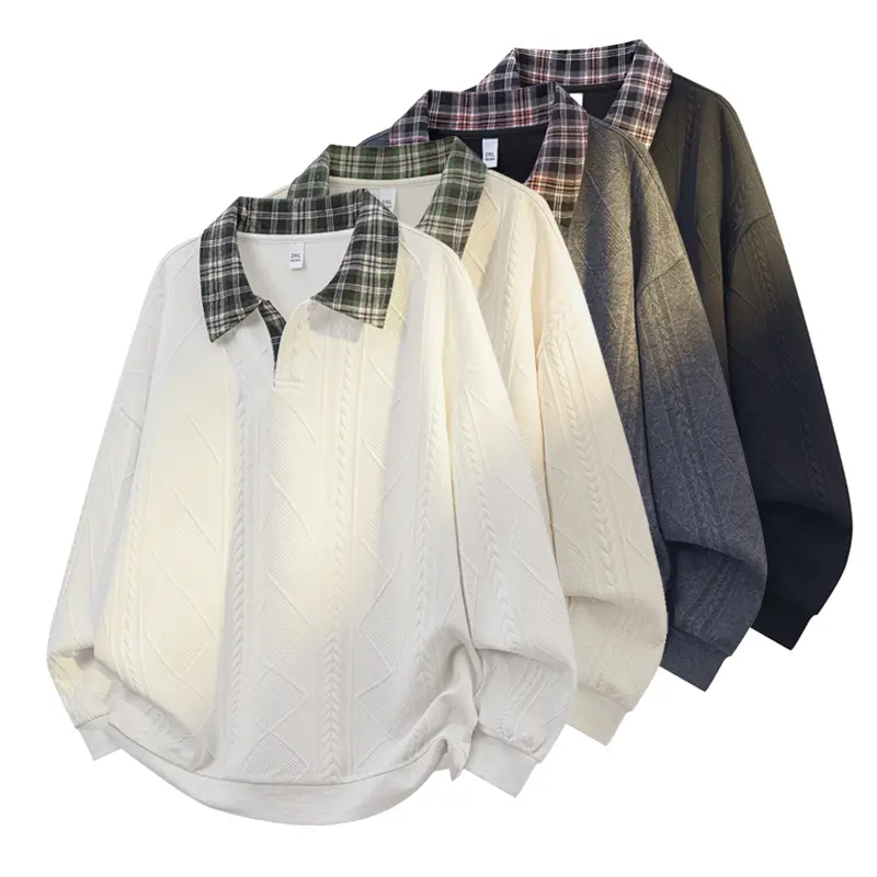 Men Plus Size Plaid Collar Fake Two Piece Jacquard Textured Polo Sweatshirt Oversized Loose Long Sleeve Top All Season Daily Wear for Commute School Street Weekend Outdoor Casual Outfits Perfect Gift for Boyfriend and Father