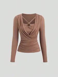 Women's Long Sleeve T-Shirt with Tie Neck, Slim Fit Bodycon Top, Casual Fashion Blouse for Daily Wear, Comfortable and Stylish  Valentine's Day