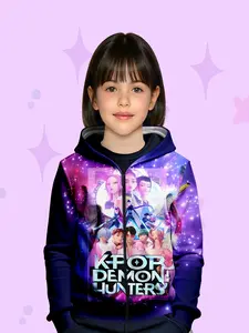 Girls' Kpop Demon Hunters Hoodie, Fall Winter Casual Zip-Up Sweatshirt, Moderate Fabric, Random Print Design, Fitted Style, Graphic Print Hoodie