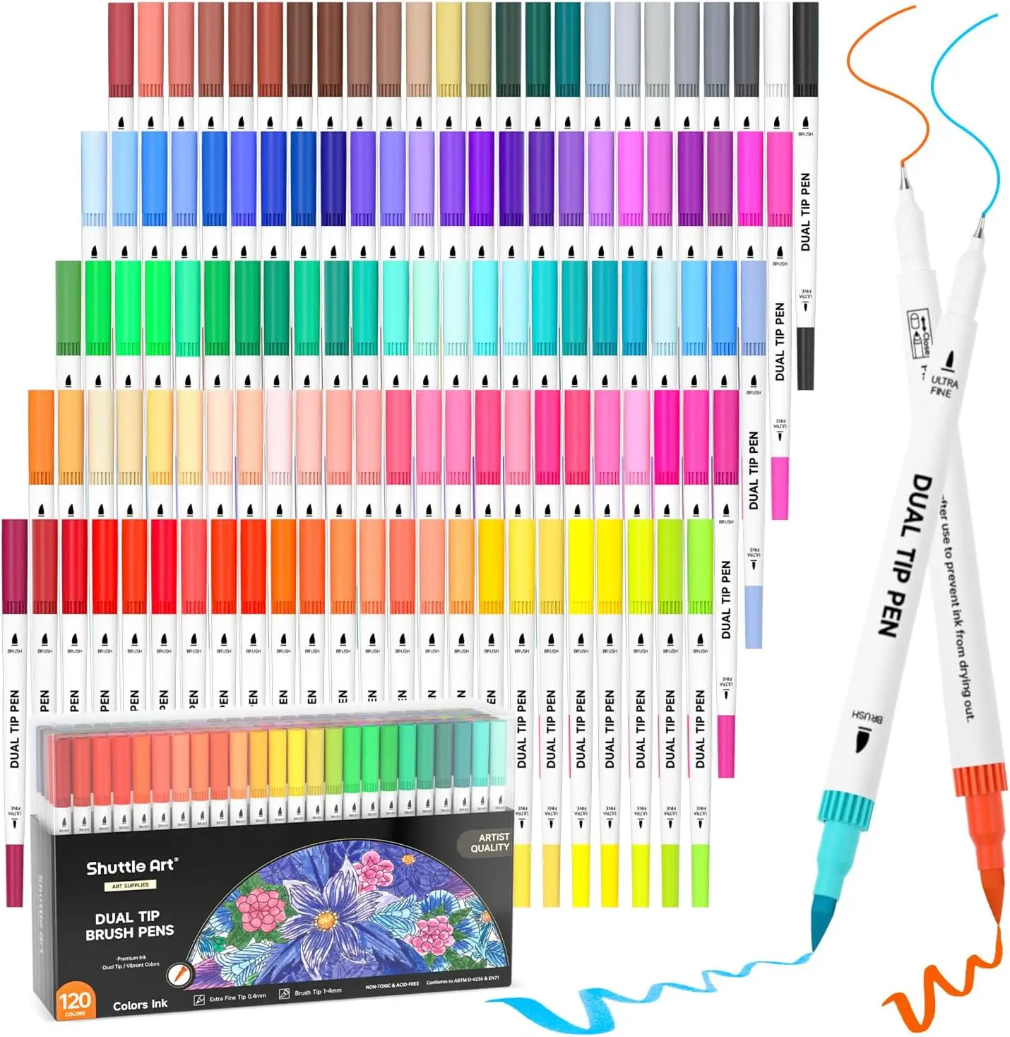 Shuttle Art 25-120 Colors Dual Brush and Fineliner Marker Pens Set with Coloring Book - Perfect for Lettering, Journaling and Doodling