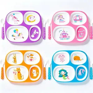FEPITO Set of 4 Divided Melamine Dinner Plates for Girls, Shatterproof Kids Dinnerware with Fun Themes (Mermaid, Unicorn, Princess, Cat), Perfect for Picky Eaters, Toddler Essentials, gift