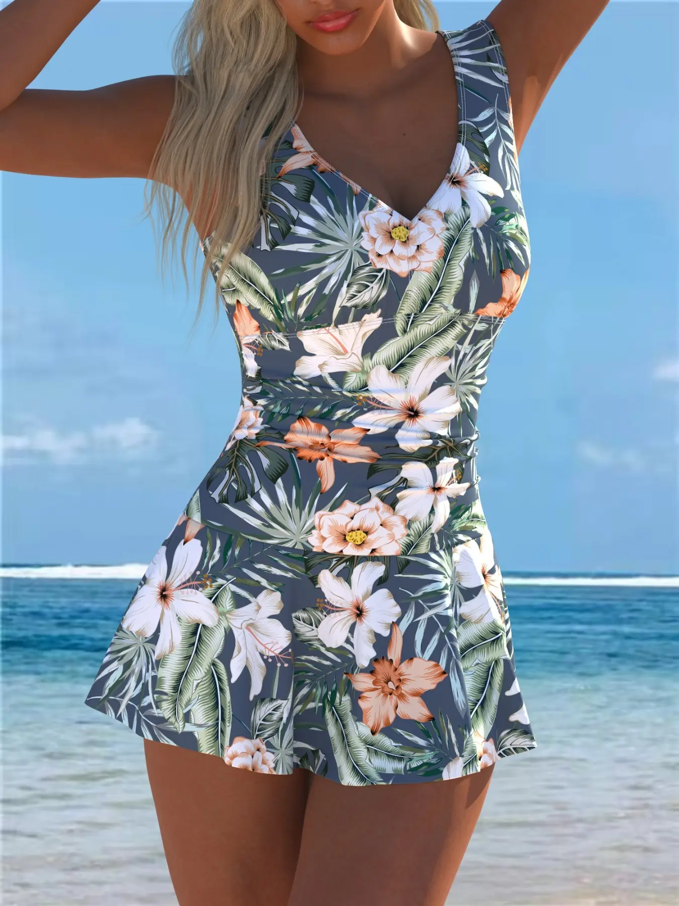 Comfortable Fashion One-Piece Swimsuit, Patchwork Design, Slim-Fitting, V-Neck, Beach Vacation Swimwear for Women, Swimdress, Summer Swimsuits, Beachwear Swimdress