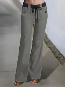 Flamingals Women's Low Rise Cargo Wide Leg Jeans with Drawstring & Flap Pockets Y2K Style Denim Fit Trousers for Casual Wear