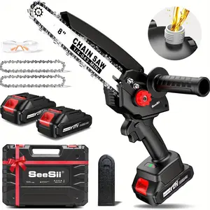 Seesii Mini Chainsaw 8-Inch, Cordless Battery Chainsaw with Extra Grip, Brushless Chainsaw with Automatic Tanker, 2 21V 2000MAh Batteries, Handheld Chainsaw for Tree Pruning and Cutting