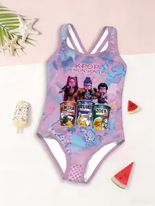 Girls' Swimsuit with Colorful Star Cartoon Print, Cross-Strap One-Piece Swimwear, Perfect for Pool Summer Beach Vacation