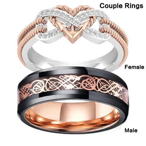 Romantic Heart 2-Part Cubic Zirconia Stackable Couple Ring Set - Hypoallergenic Unisex Stainless Steel-Titanium Band, Combined Setting, Non-Tarnish Anniversary Engagement Promise Ring for GF, Valentine's Day Gift