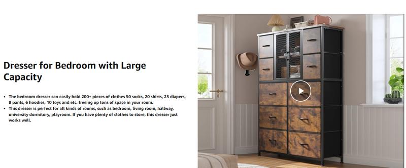 Raybee Dresser Collection Bedroom Chest of Drawers Plastic Drawer Metal Frame Wood Top Board 5 to 16 Drawers for Hallway, Dorm, Living Room, TV Stand