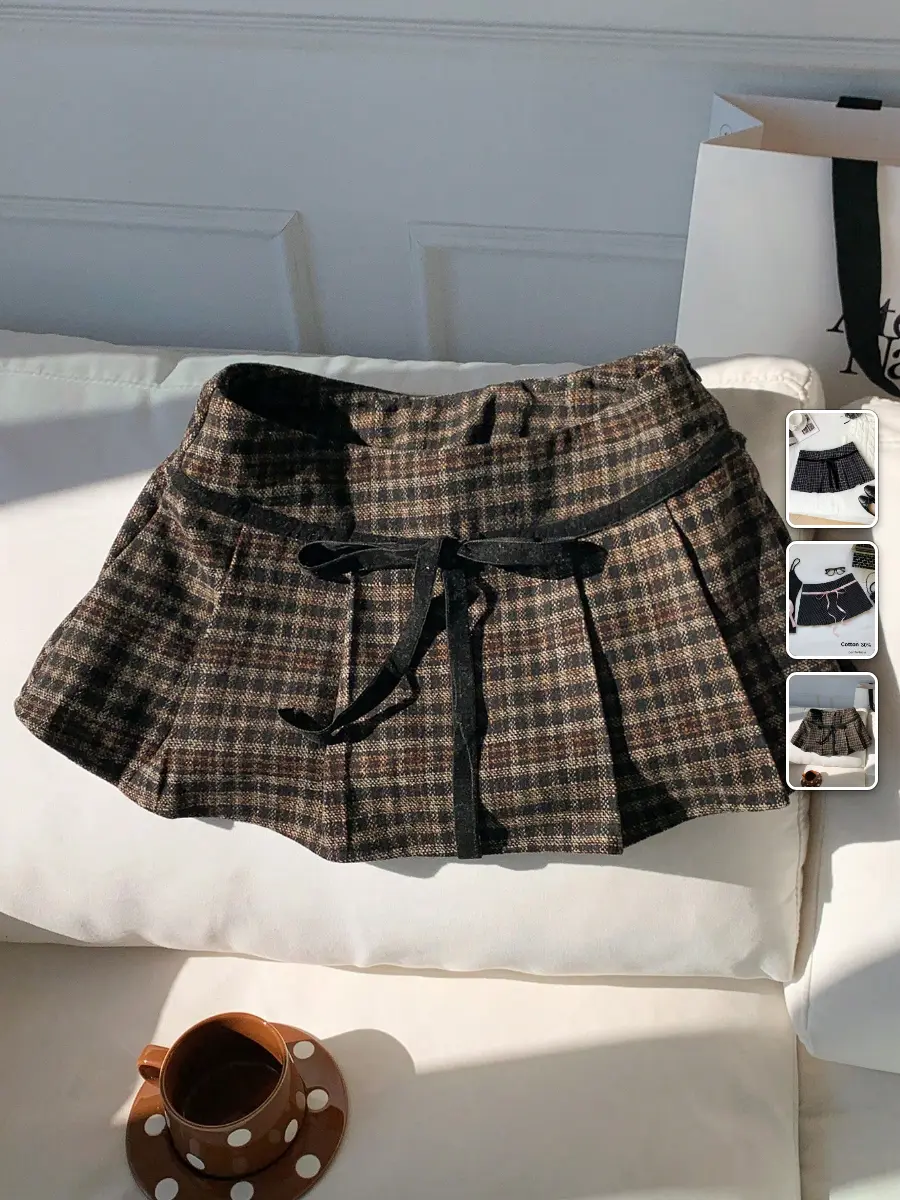 RUTMAN Plaid Pleated Skirt Tie Waist A-Line Y2K Preppy Streetwear Summer Outfit Back to School