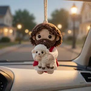 Handmade Jesus with Lamb Crochet Car Hanging | Good Shepherd Amigurumi Ornament | Christian Rearview Mirror Charm, Catholic Gift, Religious Car Decor
