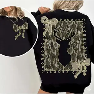Deer Camo Coquette Sweatshirt, Camo Coquette Bow Shirt, Deer Hunting, Duck Hunter, Casual Streetwear Top For Men & Women