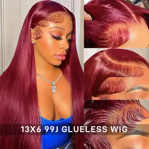 YAWAWE HAIR 99J Burgundy Red Lace Front Wigs Human Hair Straight 13x6 Transparent Lace Frontal Wigs Human Hair Pre Plucked with Baby Hair Colored Lace Front Hair Wigs for Women