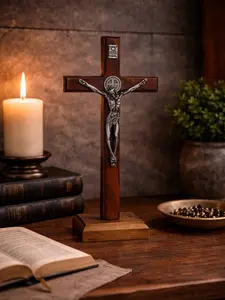 St Benedict Crucifix Stand | Catholic Crucifix with Benedict Medal | Silver Corpus Crucifix | Standing or Wall Crucifix Decor