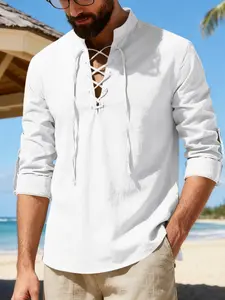 Men's Loose Medieval Vintage Cotton Linen Shirt, Breathable Fabric, Stand Collar Tie Design, Casual Outdoor Wear, Trendy Retro Style