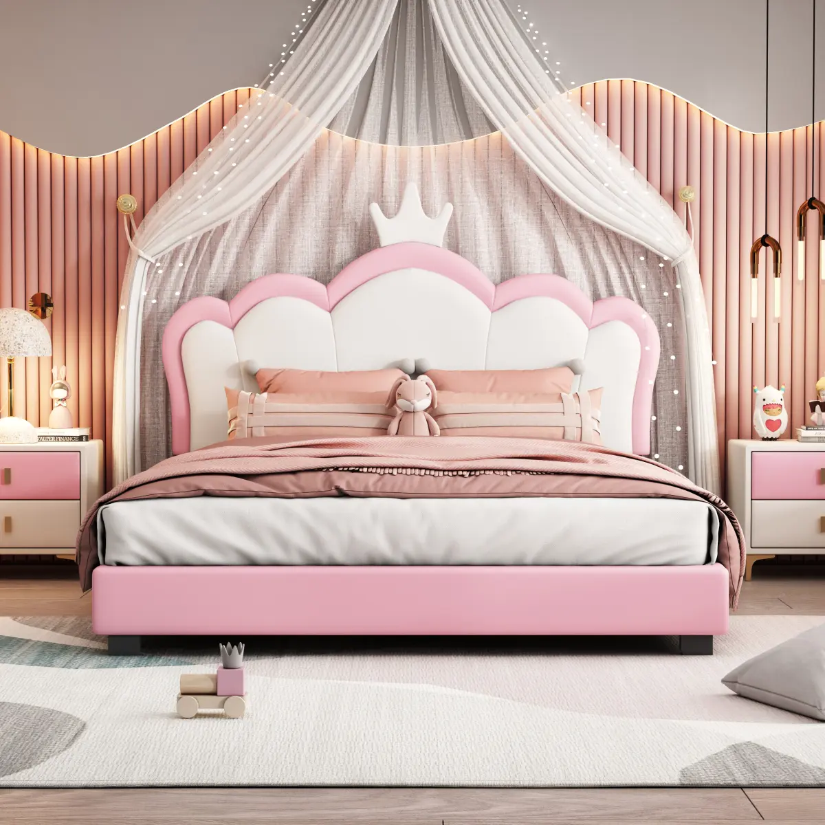 Girls' Full Size Cream-Blush Pink Upholstered Bedframe - Sturdy Poplar Wood, PU Leather, Princess Style, Crown Headboard & Footboard, 500lb Capacity, 6-10in Height, 80"l x 61.5"w x 44"h, 10slat Stability, Assembly Required (Old SKU:WF303337AAH)