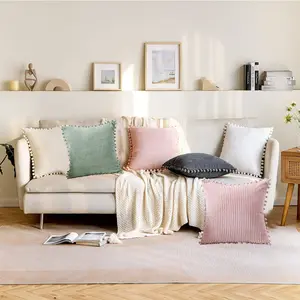 Bohemian Decorative Pillow Cover with Pom Poms, Soft Corduroy Square Cushion Case, 18x18 Inch, for Sofa Bedroom Car Living Room