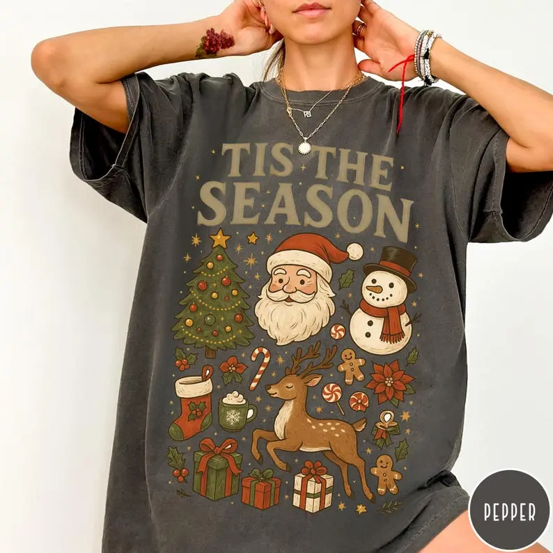 Comfort Colors Retro Christmas Shirt, Vintage Santa & Snowman Holiday Tee, Merry Christmas Graphic T-Shirt, Cozy Winter Festive Apparel
