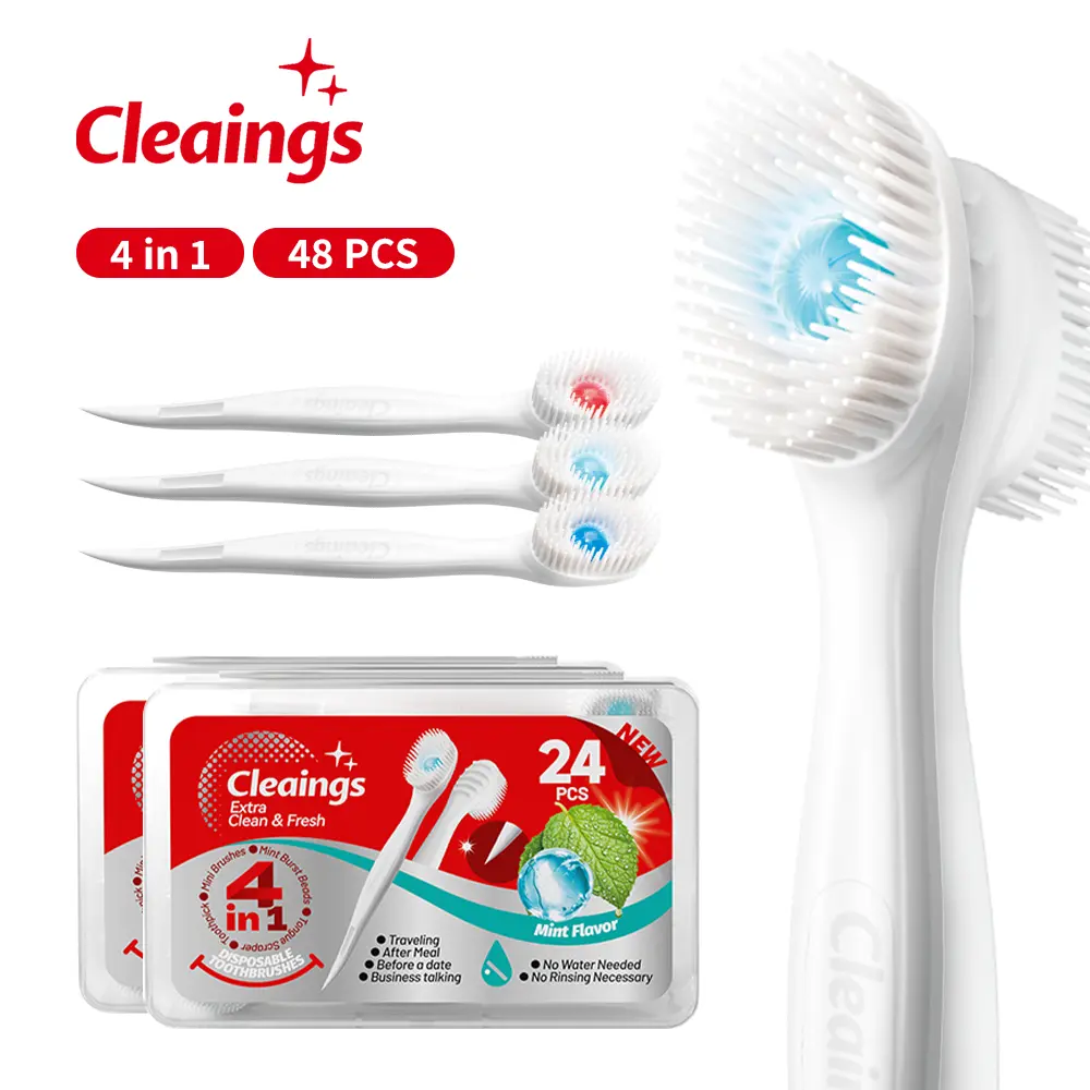 Teeth Cleaning Kit, 48Pcs Bulk Disposable On-the-Go Soft Mini Toothbrushes with Mint Burst-Bead, Polypropylene Oval Heads, Waterless Rinse-Free, Individual Packs, Tongue Scraper & Toothpick, Capsule Dental Kit Brush