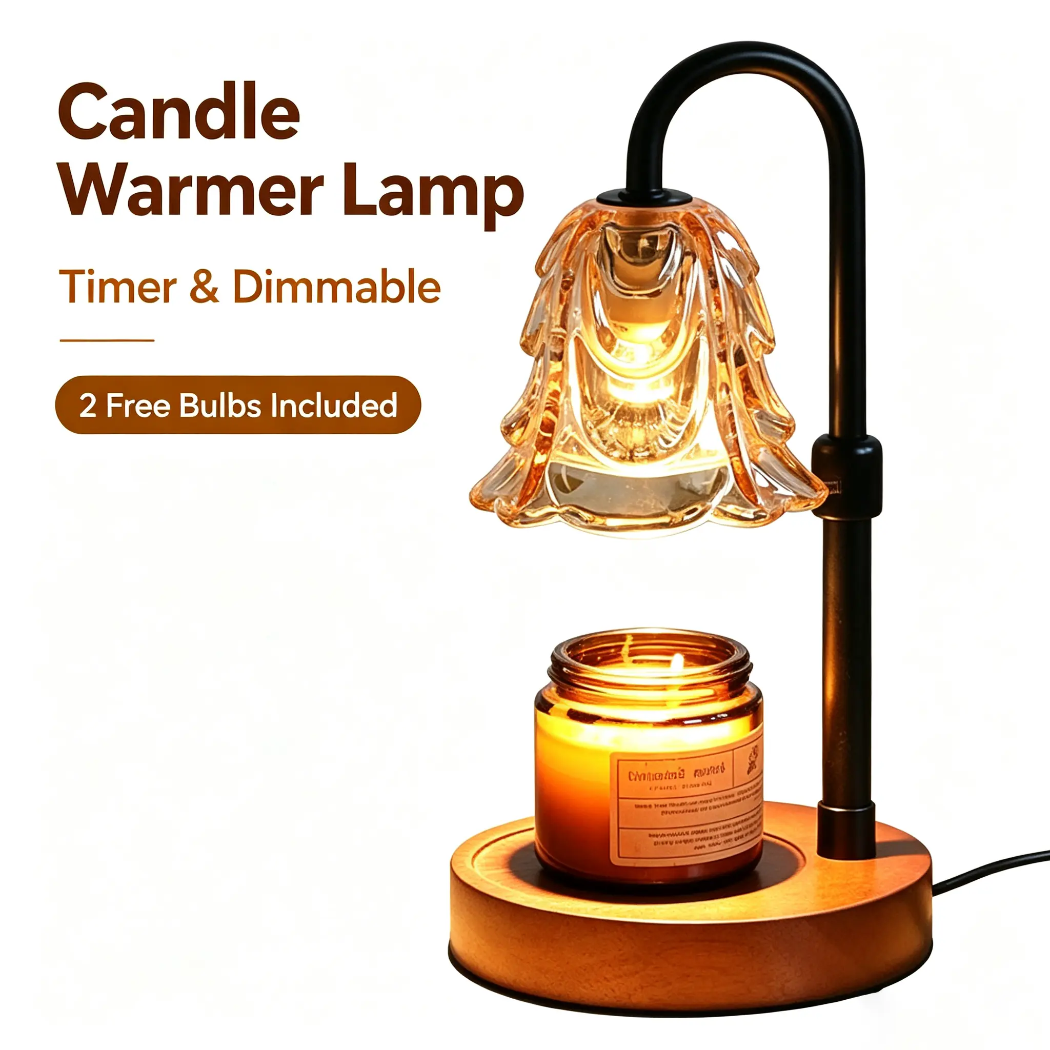 Candle Warmer Lamp, Height Adjustable Electric Candle Melter with Timer & Dimmable Function, Come with 2 Pack G10 Halogen Bulbs for Jar Candles, Home Bedroom Decor