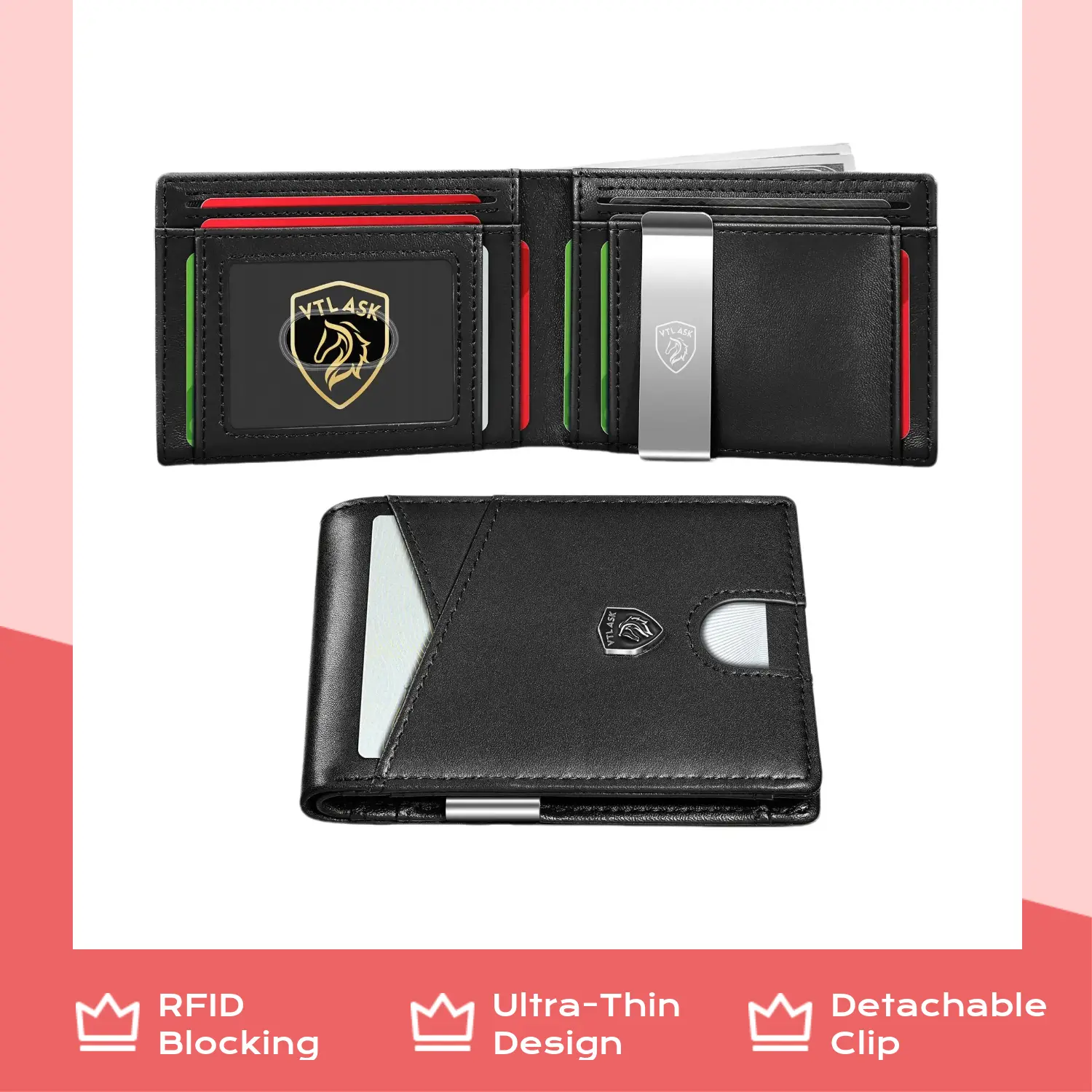VTLASK Men’s Ultra-Thin Slim RFID Bifold Leather Minimalist Wallet with 11 Card Slots, Detachable Metal Money Clip, Lightweight Secure Design | Everyday Carry, Gift Box Ready, Bifold Wallets, Leather Wallet