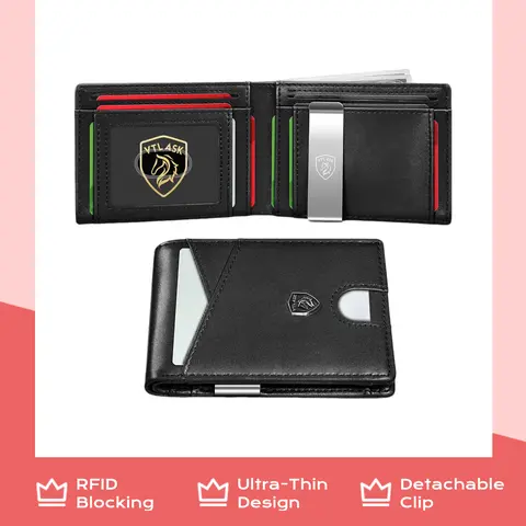 VTLASK Men’s Bifold Leather Wallet - Chic Colorblock Ultra-Thin Slim Fit No Bulk Minimalist Card Holder Slot Men’s Wallet with Flap, 11 Card Slots, Detachable Metal Money Clip, RFID Protection, Lightweight Secure Design, Holiday EDC, Gift Box Ready