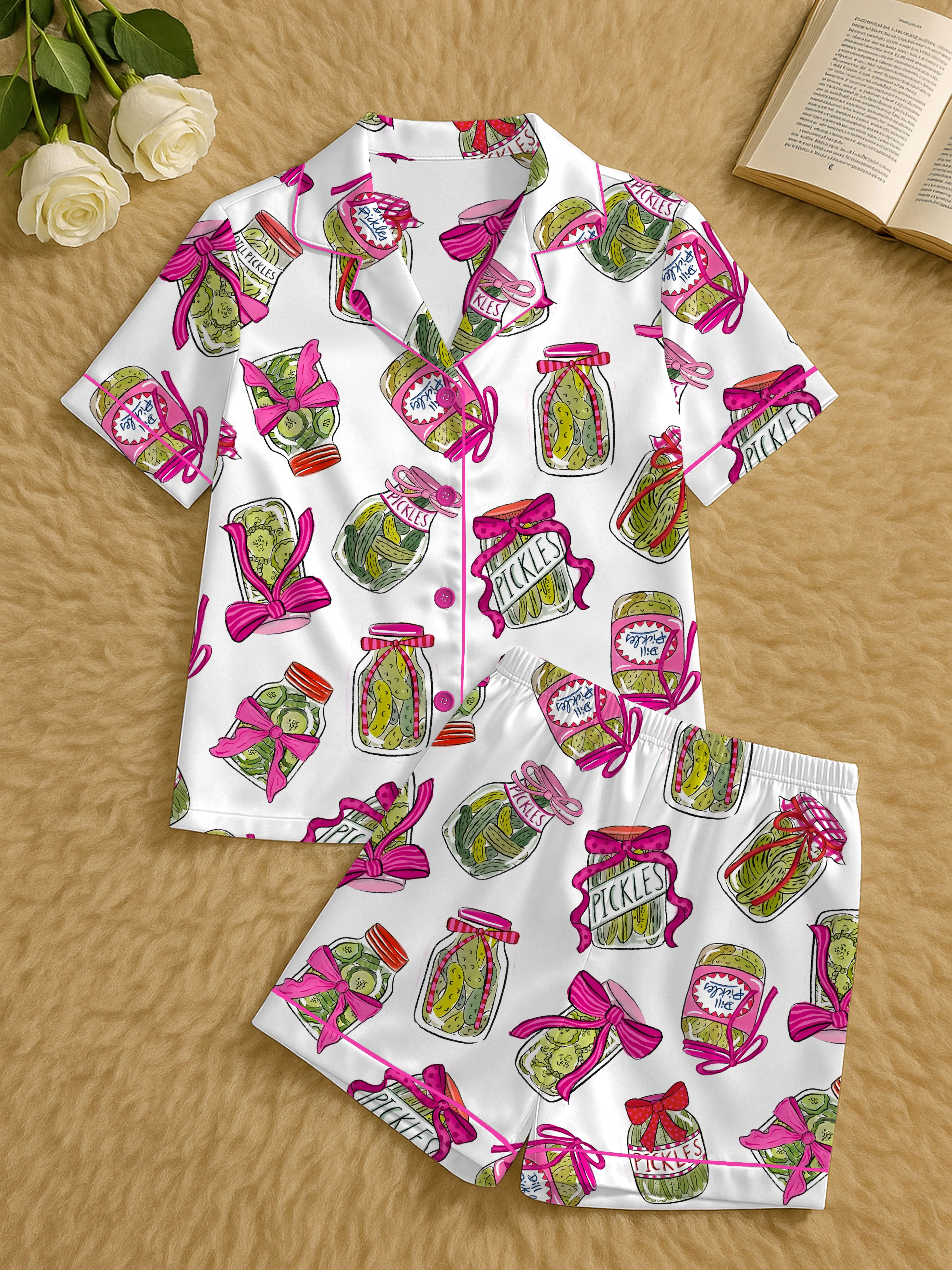 Women’s Satin Pickle Lover Pajama Set - Pink Bows, Long Sleeve, Adjustable Drawstring Long Pants, Comfortable Breathable Christmas Nightwear Gift For Her