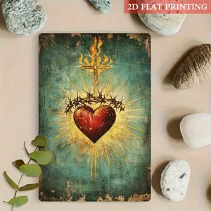 1pc Virgin Mary & Child Metal Tin Sign – Elegant 8*12 inch Golden Mural Style Aluminum Plaque, Vintage Religious Wall Art for Kitchen, Coffee Bar, Garage, Living Room & Indoor Decor