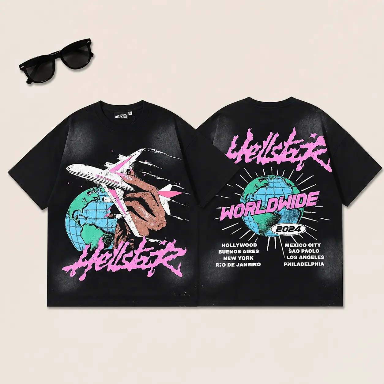 Hell star Worldwide Oversized Graphic Tee Unisex Streetwear Y2K Vintage Washed Black Airplane Globe Print Baggy Loose Fit Shirt TikTok Viral Grunge Hip Hop Concert Outfit Summer Drip Hype Fashion