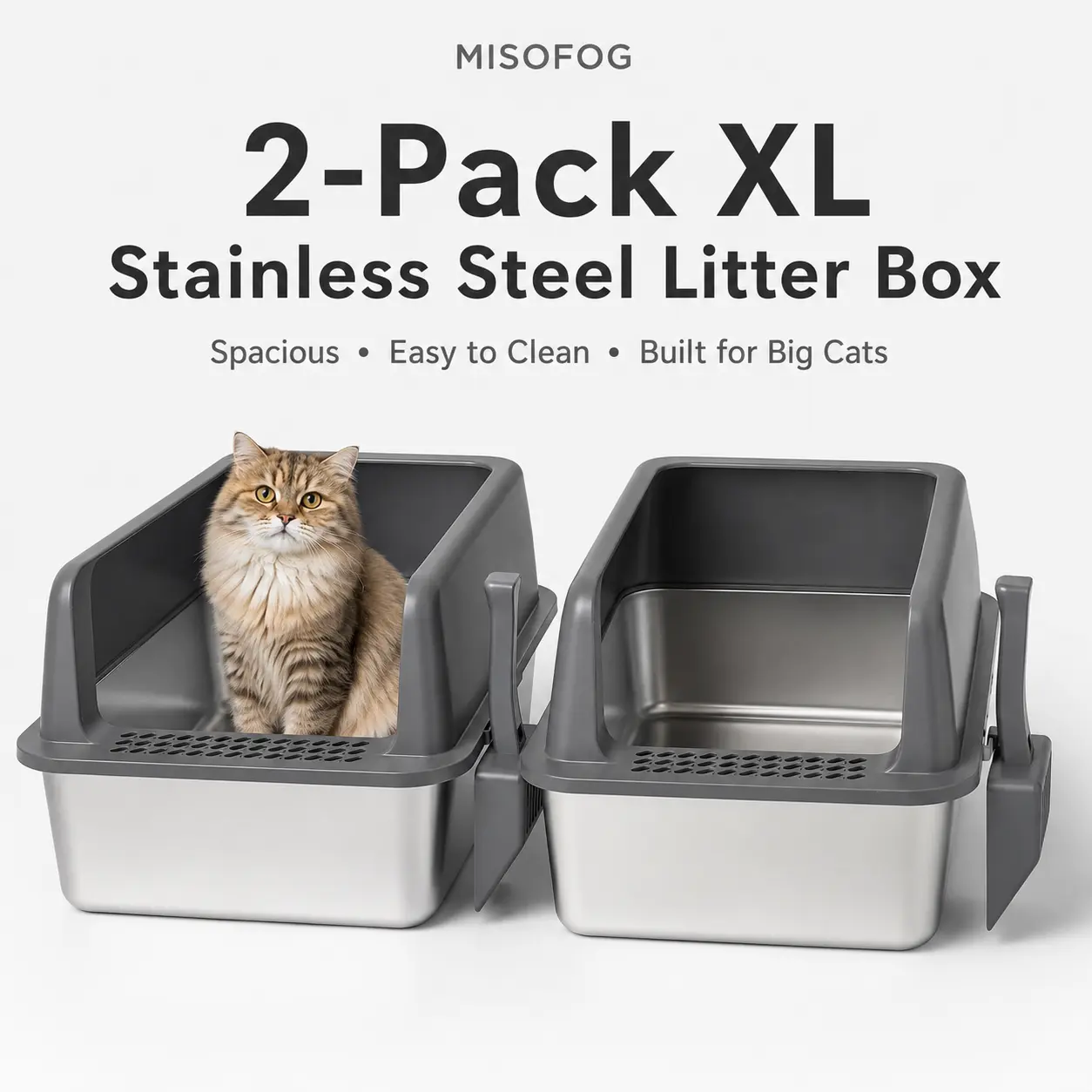 MISOFOG 2-Pack XL Stainless Steel Litter Box for Big Cats, High Sided Metal Cat Litter Pan with Scoop, Easy Clean Anti-Leak Open Top Litter Box for Multi-Cat Homes household odorless