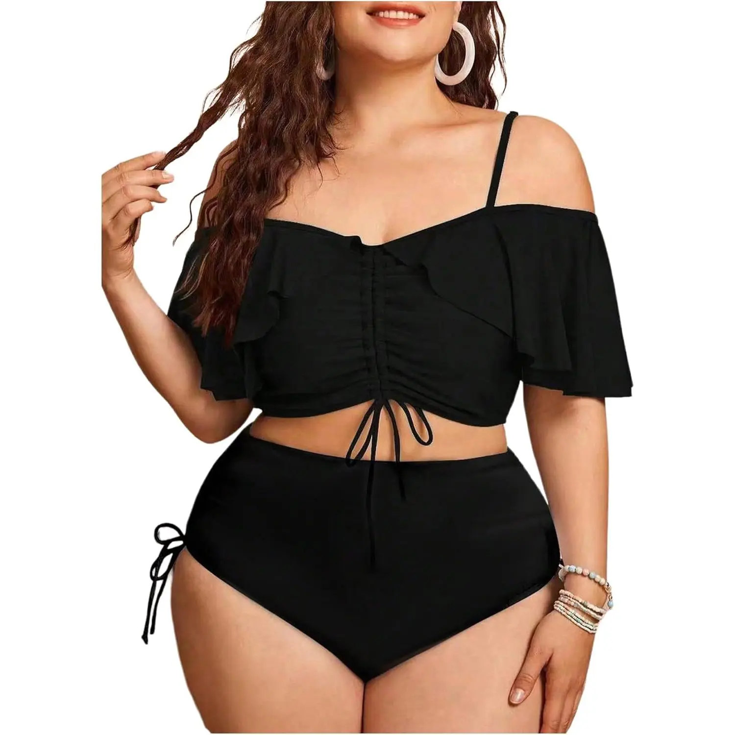 Women's 2-Piece Bikini Beachwear Set - Solid Plain Off-Shoulder Ruffle Top, High-Waisted Tummy Control Cheeky Bottoms, Breathable Swimsuits for Cruise, Beachwear Swimsuit, Solid Bikinis
