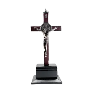 Crucifix St Benedict with Wooden Base 9 Inches Silver Plated Religious Wall Ornaments Elegant Design Hanging Loop Versatile Display Options Faith Filled Decor