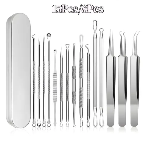 Stainless Steel Skin Care Tool Set with Storage Box, 8/15pcs Professional Acne Pimple Extractor Kit, Blackhead Remover Tool, Facial Care Tools for Home Salon Use, Beauty Tools