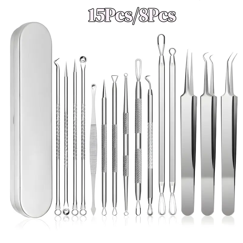 Stainless Steel Skin Care Tool Set with Storage Box, 8/15pcs Professional Acne Pimple Extractor Kit, Blackhead Remover Tool, Facial Care Tools for Home Salon Use, Beauty Tools