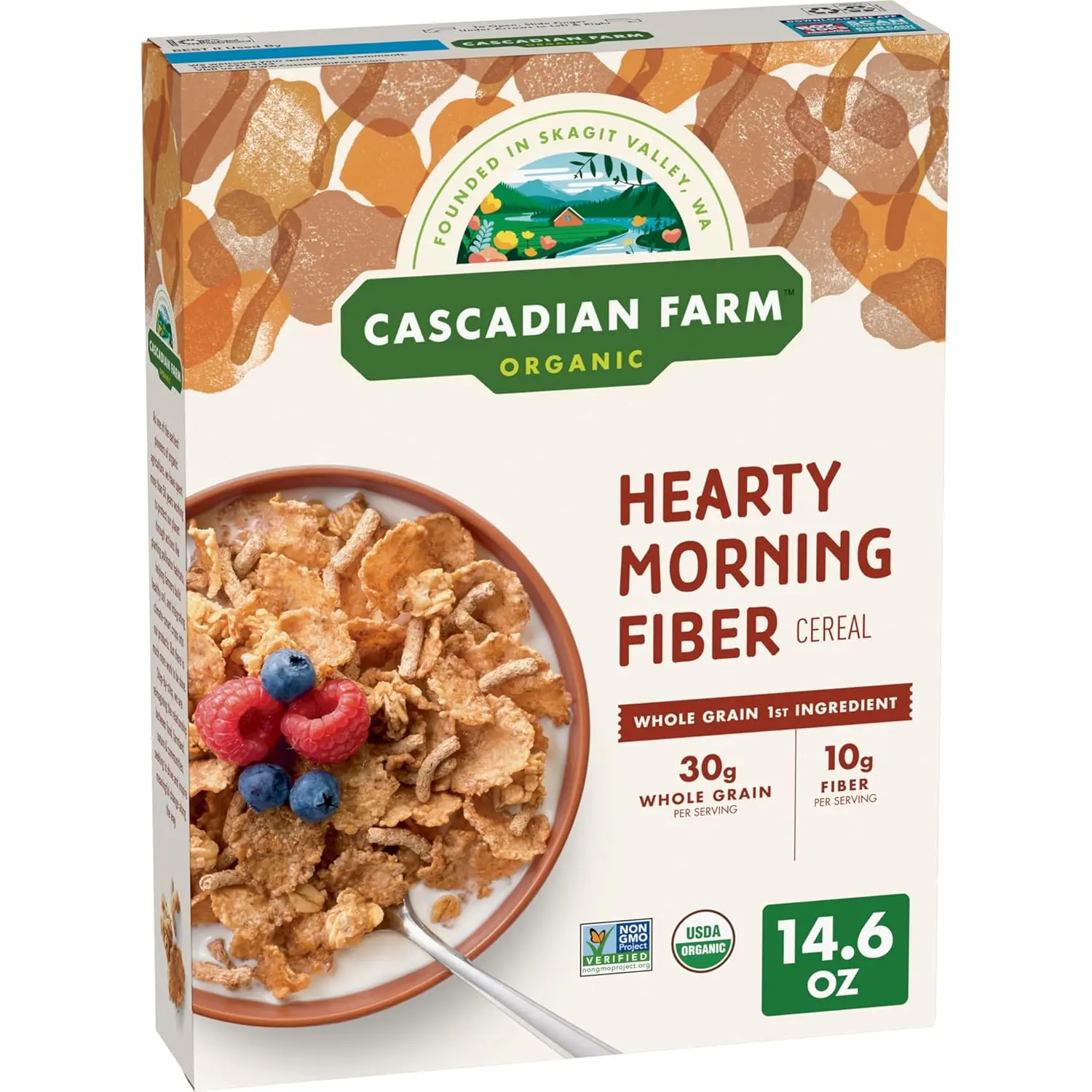 Cascadian Farm Organic Hearty Morning Fiber Cereal, Whole Grain, 14.6 oz | 30g Whole Grain & 11g Fiber per Serving, Contains at Least 1% Kernza Grain for Sustainability, Non-GMO Project Verified