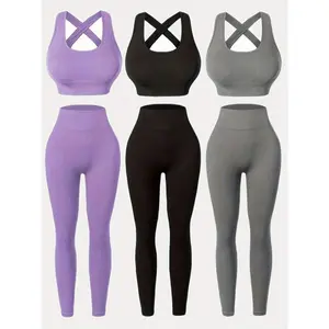 3pack, Women's High-Waisted Yoga Leggings Set With Built-In Bra, Seamless Design, Breathable Fabric, All-Season Wear (No Sweatshirt And Accesories)