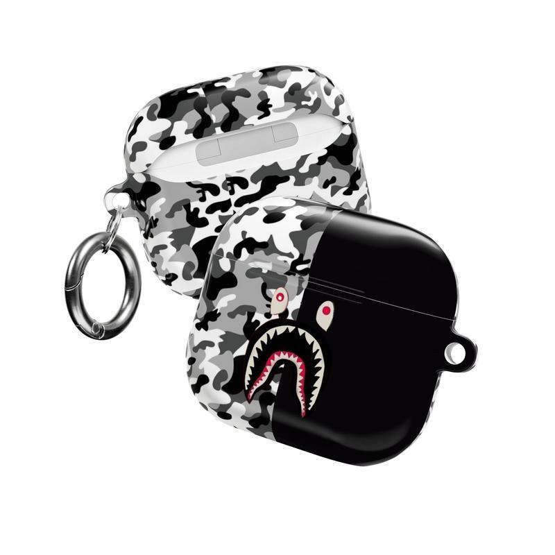 Camo Streetwear AirPods Case Collection | Bold Shark Mouth Icon with Military Camouflage Patterns | Urban Hypebeast Tactical Aesthetic Half-Black Design | Durable Protective Cover | For AirPods 1 2 3 4 & Pro Gen 1 2 3 | Gift