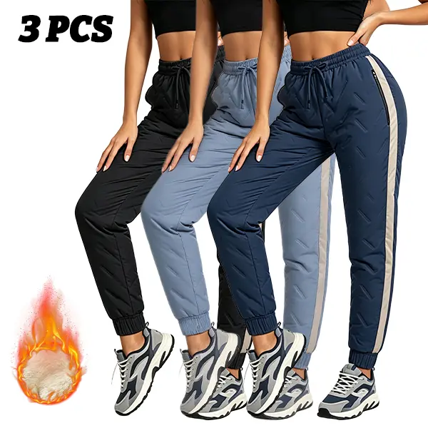 Women's Casual Outdoor Windproof Lock-Cotton Padded Long Trousers 3-Pack - Polyester, All Seasons, Quilted Panels Prevent Padding Shifting, Water-Resistant, Relaxed Fit & Look for City, Snowy Scenes