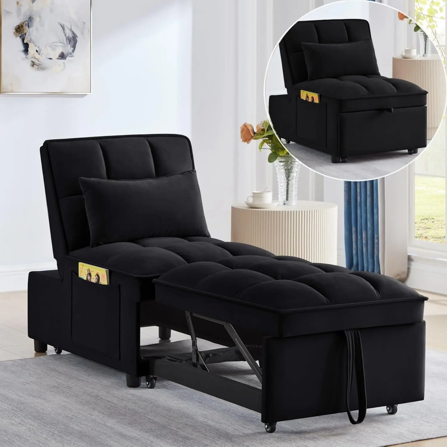4 in 1 Multi-Function Single Sofa Bed, Pull Out Couch with Adjust Backrest, Tufted Single Pull-Out Sofa Bed with Storage Pockets and 2 Pillows, Velvet Chaise Lounge for Bedroom Living Room (Black)