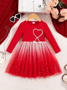 Girl's Ombre Print Contrast Sequin Ruffle Trim Tulle Heart shaped Dress, Elegant Long Sleeve Round Neck A Line Dress for Party, Kids Spring & Fall Clothes