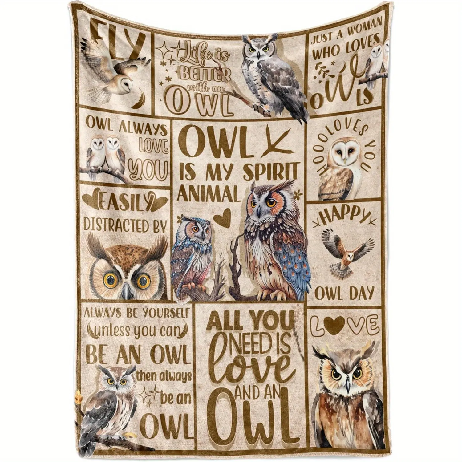 TKstyle Owl Blanket - Extra Large 50x 65inch - Soft Flannel Bedspread/Throw Blanket - Beige and Brown Owl Pattern - All-Season Sofa and Bed Decoration - Perfect Gift for Men and Women Owl Enthusiasts - Next Day Delivery!, Home Decor Accessories