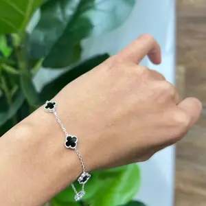 S789- NEW .925 Sterling Silver Black Trebol Bracelet (7.6mm) W.G