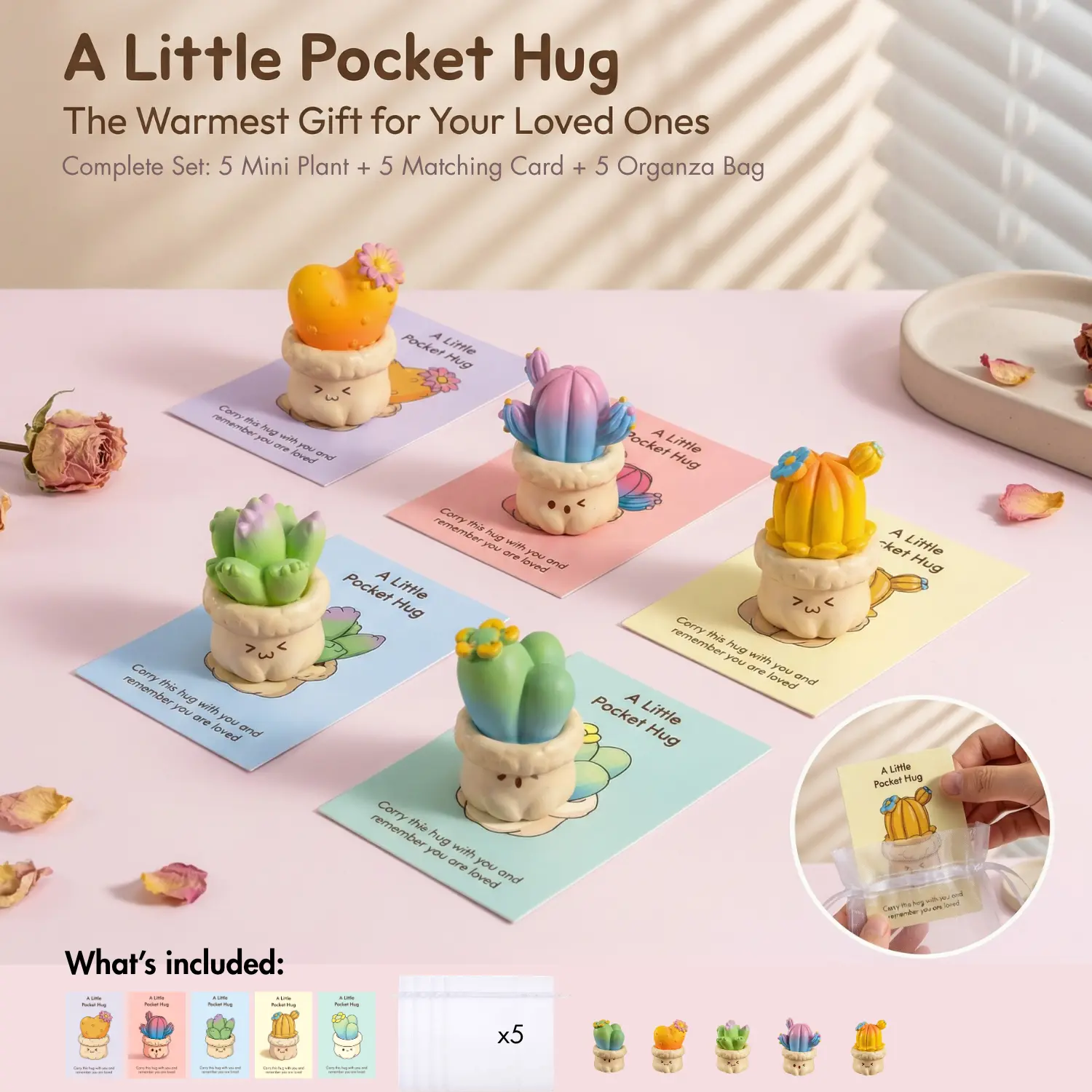5 Sets Polyresin Heart Pocket Hug Mini Succulent/Plant Figurine Decorations - Miniature Models with Inspirational Cards, Organza Bags, Unique Styles, Adorable Desk Setup, Home Decoration, for Faith Gatherings, Uplifting Gifts with Encouraging Message