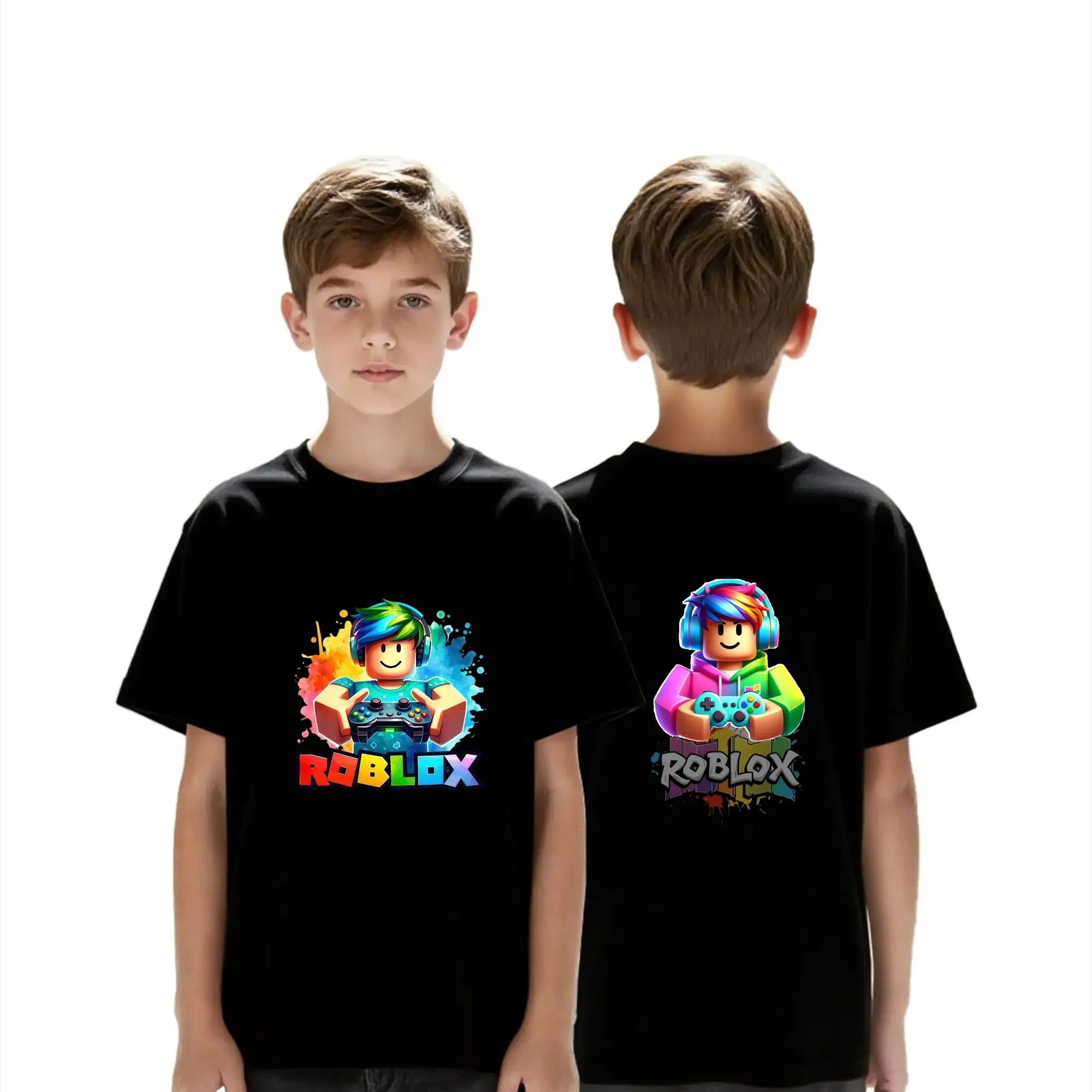Free Express Roblox Anime Graphic T-Shirt Black Casual Short Sleeve Tee with Both sides Vibrant Character Print, Breathable Summer Shirt for Boys students