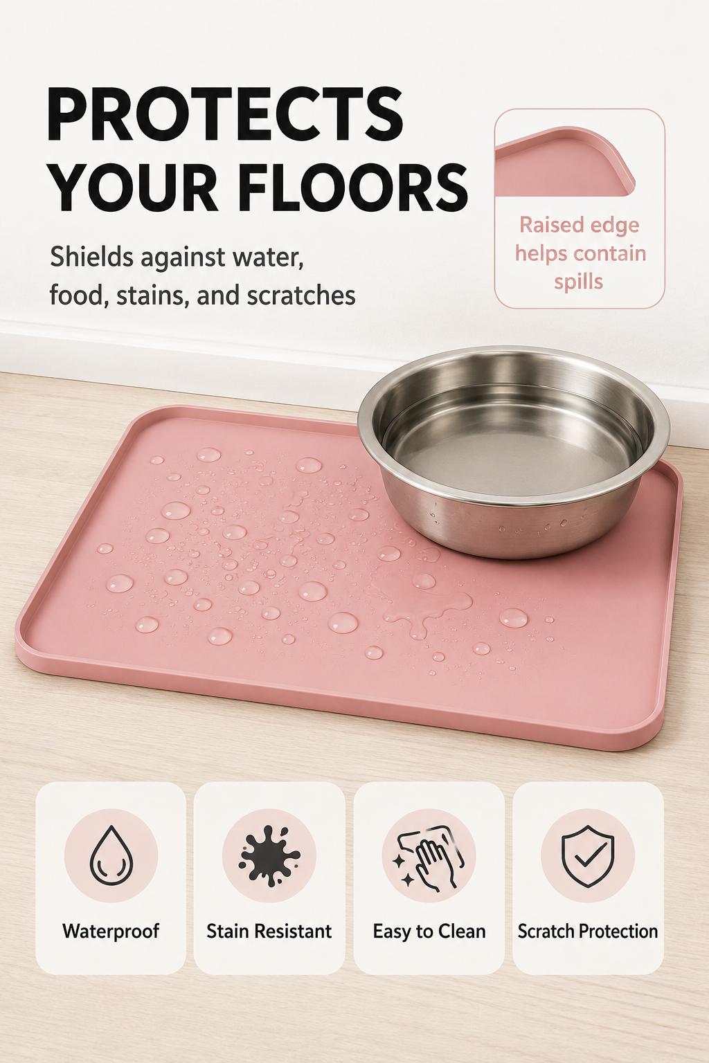 Silicone Pet Feeding Mat for Dogs and Cats 13 x 9 Inch Waterproof Raised Edge Food and Water Bowl Tray Black
