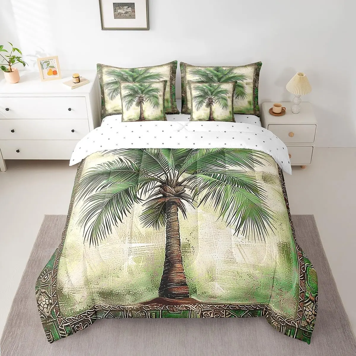 Feelyou 7-Piece Tropical Green Palm Tree Printed Bedding Set Collections - Microfiber Cloth, High Tensile Strength Bedsheet, Breathable Printed Blanket, Machine Wash Comforter, Soft Bedding for Kids (Queen & Multi-Size), Bedsheet Sets