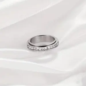 Anxiety Rings for Women and Men Titanium Steel Spinner Fidget Band Rings with Cubic Zirconia for Stress Relief and Wedding Promise