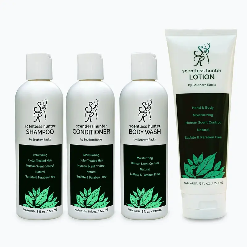 Southern Racks Scentless Hunter Gift Set - includes Volumizing Shampoo, Moisturizing Conditioner, Body Wash and Lotion. Eczema Hydrating Moisturize Body Care